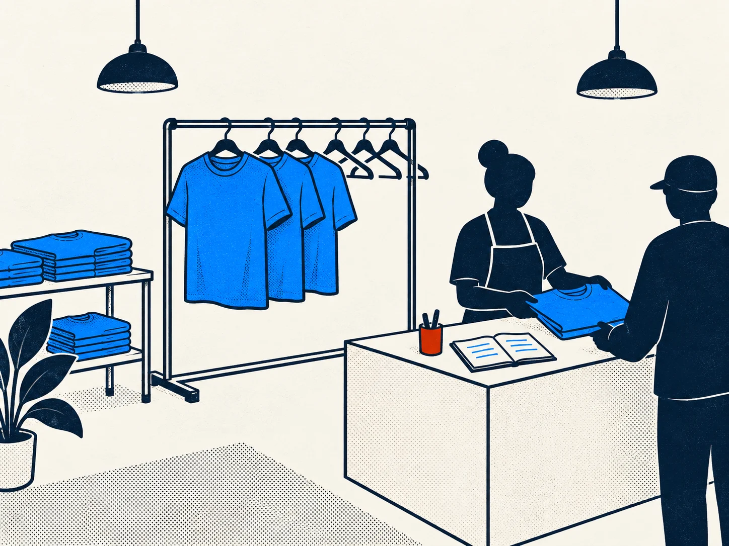 A customer buying a blue T-shirt in a clothing shop