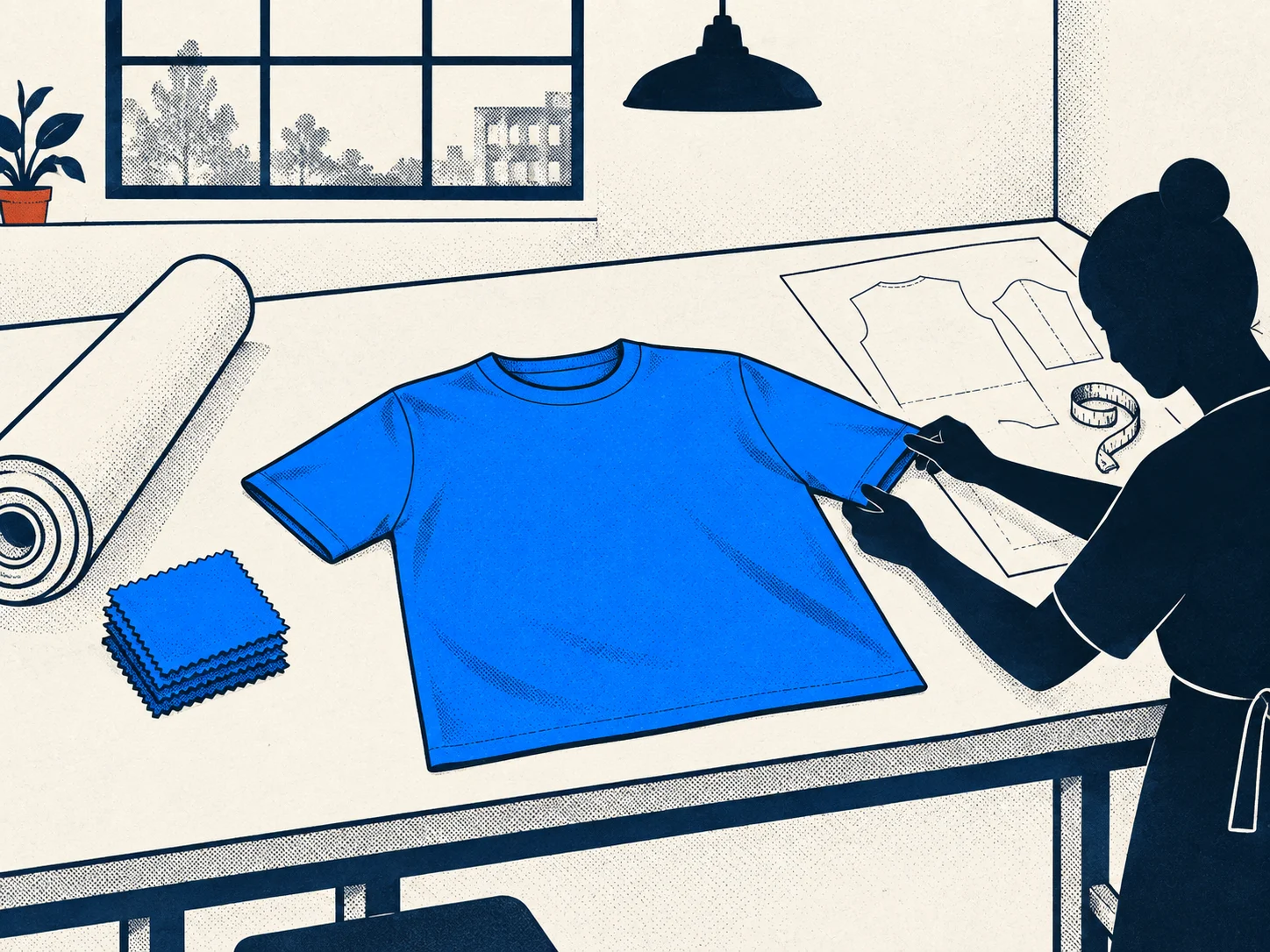 A blue T-shirt sample being checked beside fabric swatches and a pattern
