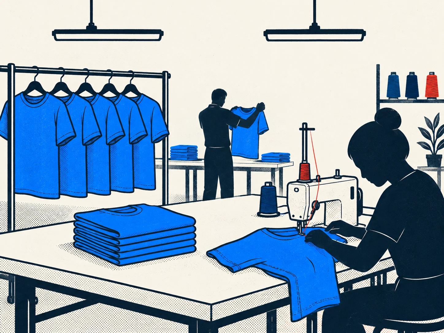Blue T-shirts being sewn and inspected in a workshop